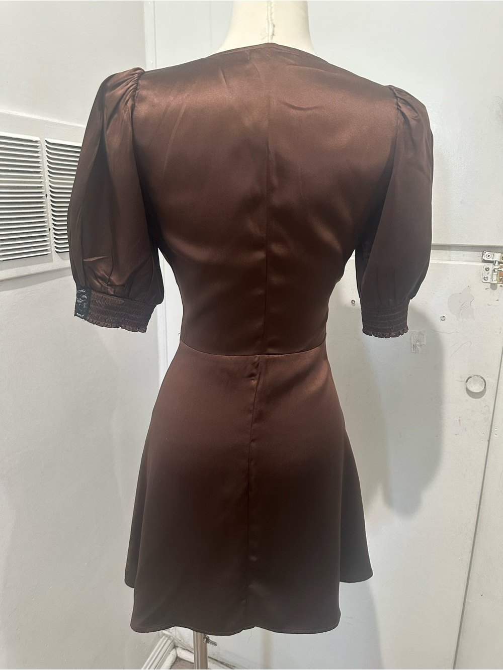 Satin Brown V-Neck Mini Dress with Lace Trim - Picture 5 of 7
